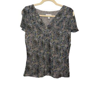 Charter Club Womens Paisley & Polka Dot Short Sleeve V-Neck Top Size 14
